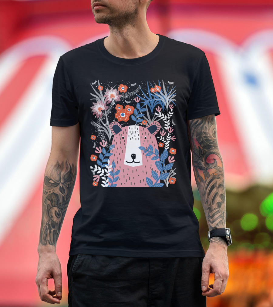 Bear Garden Floral Pattern with Pink Bear and Colorful Flowers T-Shirt