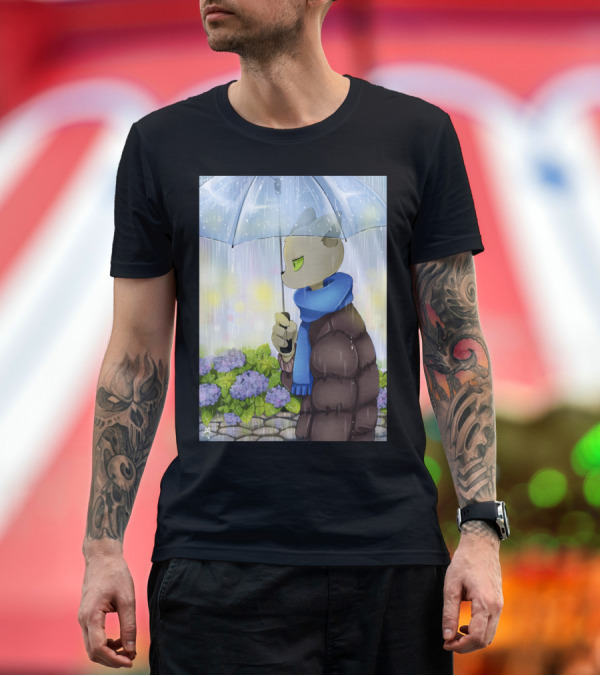 Premium T-Shirt: Rainy Day Teacher Cat with Blue Scarf and Umbrella T-Shirt Rainy Day Teacher Cat with Blue Scarf and Umbrella T-Shirt
