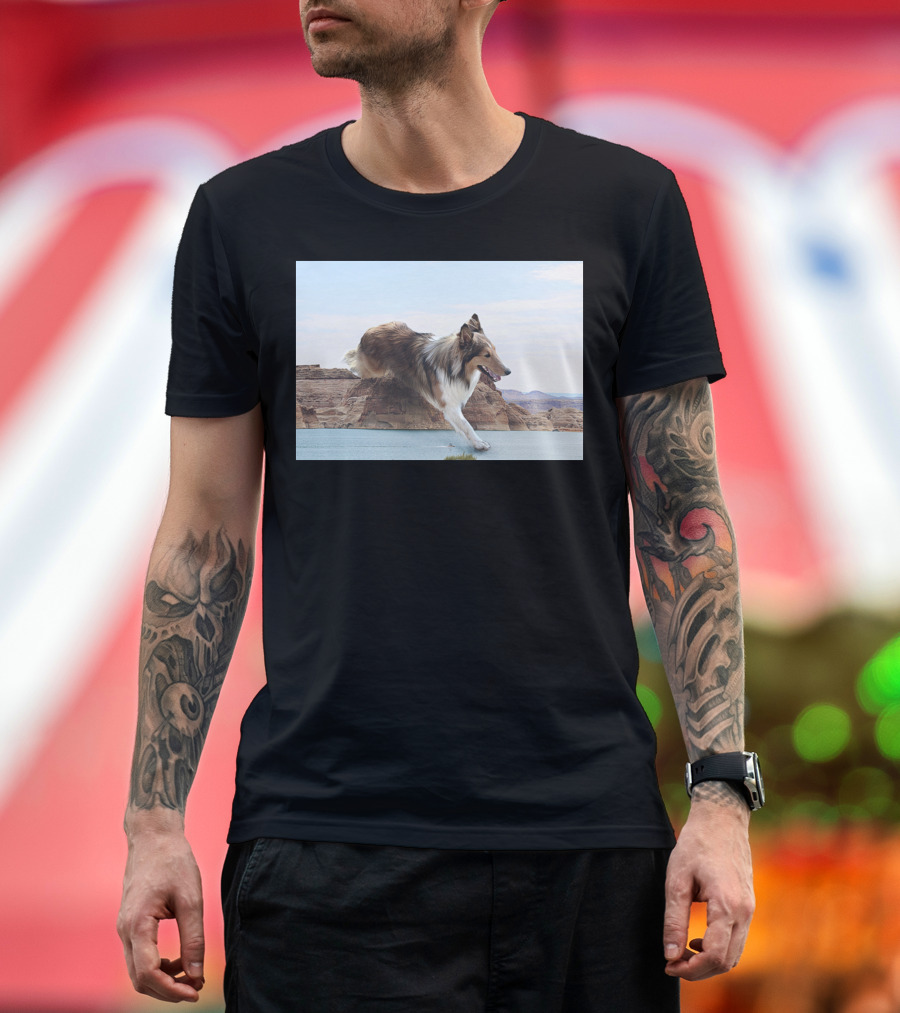 Aquilo Que Eu Sei Running Collie Over Desert Canyon Landscape T-Shirt