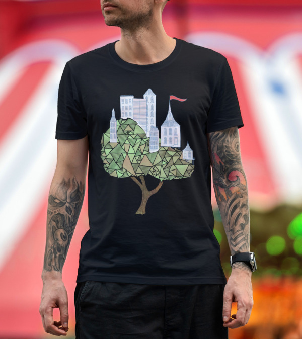 Premium T-Shirt: Arboreal Abode Geometric Tree with Urban Skyline T-Shirt Arboreal Abode Geometric Tree with Urban Skyline T-Shirt