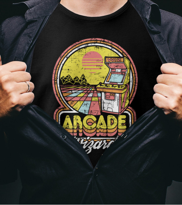 Arcade Wizard Retro Sunset Wiz Machine T-Shirt