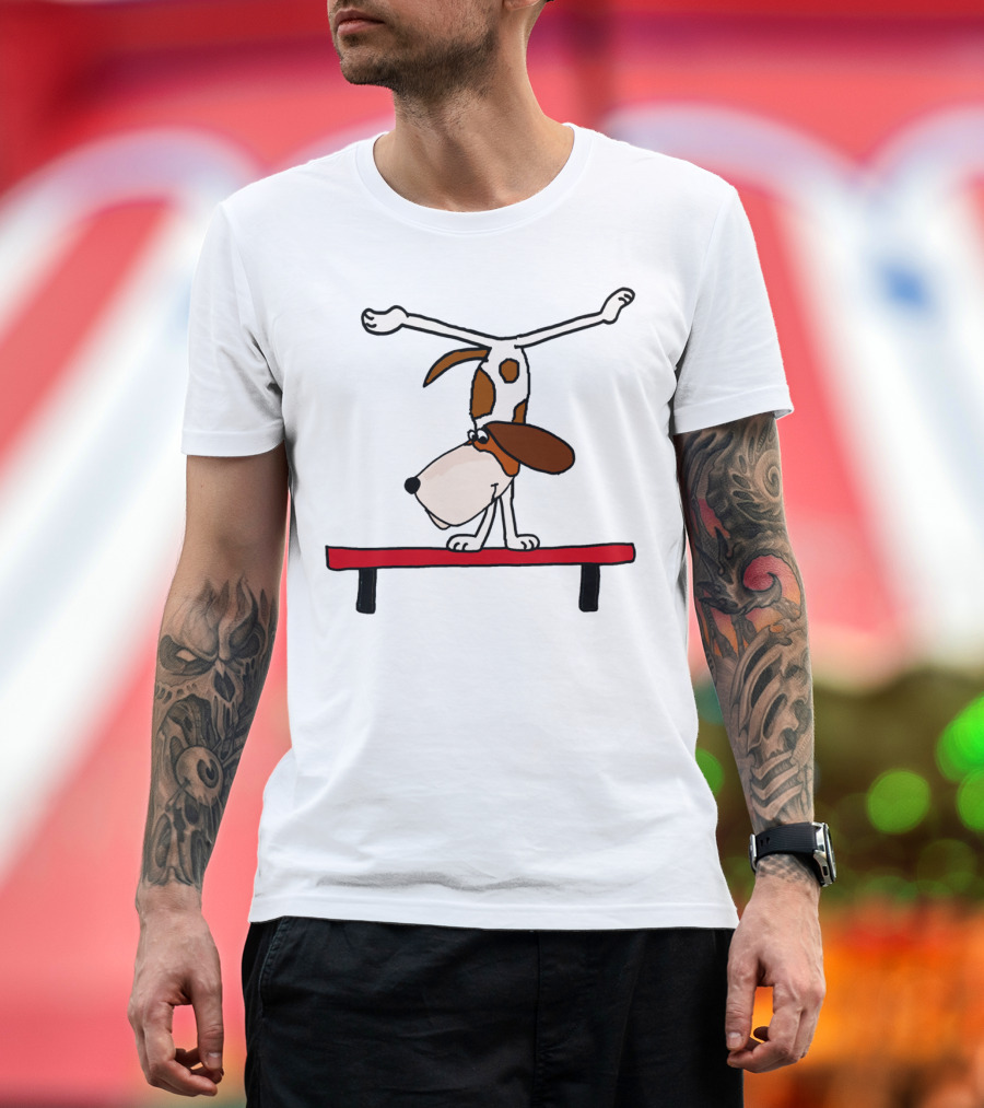 Basset Hound Performing Handstand on Balance Beam Gymnastics Humor T-Shirt