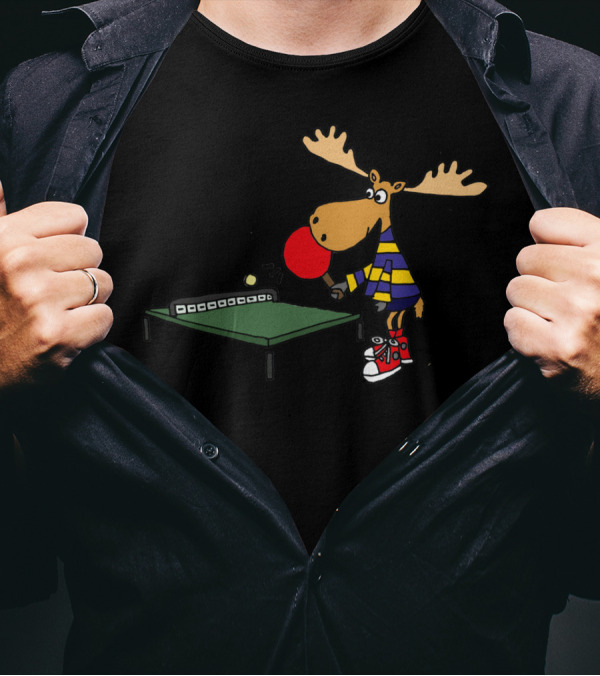 Funny Cool Moose Playing Table Tennis In Striped Shirt And Sneakers T-Shirt