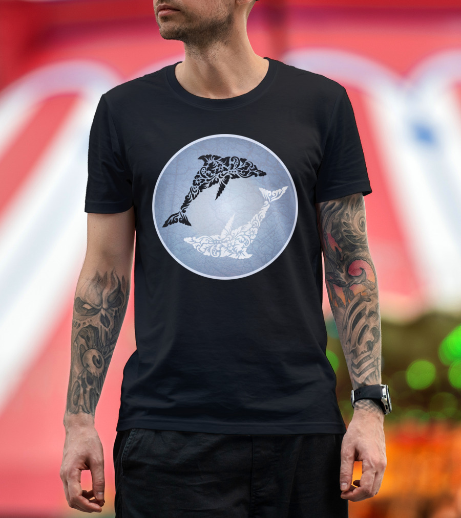 Dolphin Yin Yang Floral Ornament Circular T-Shirt