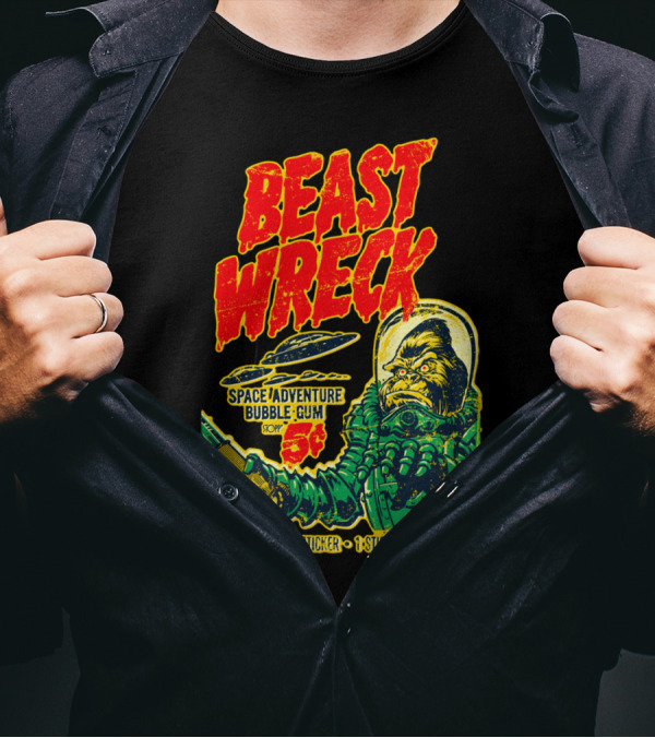 BEAST WRECK SPACE ADVENTURE BUBBLE GUM 5¢ 5 CARDS 1 STICKER 1 STICK BUBBLE GUM T-Shirt