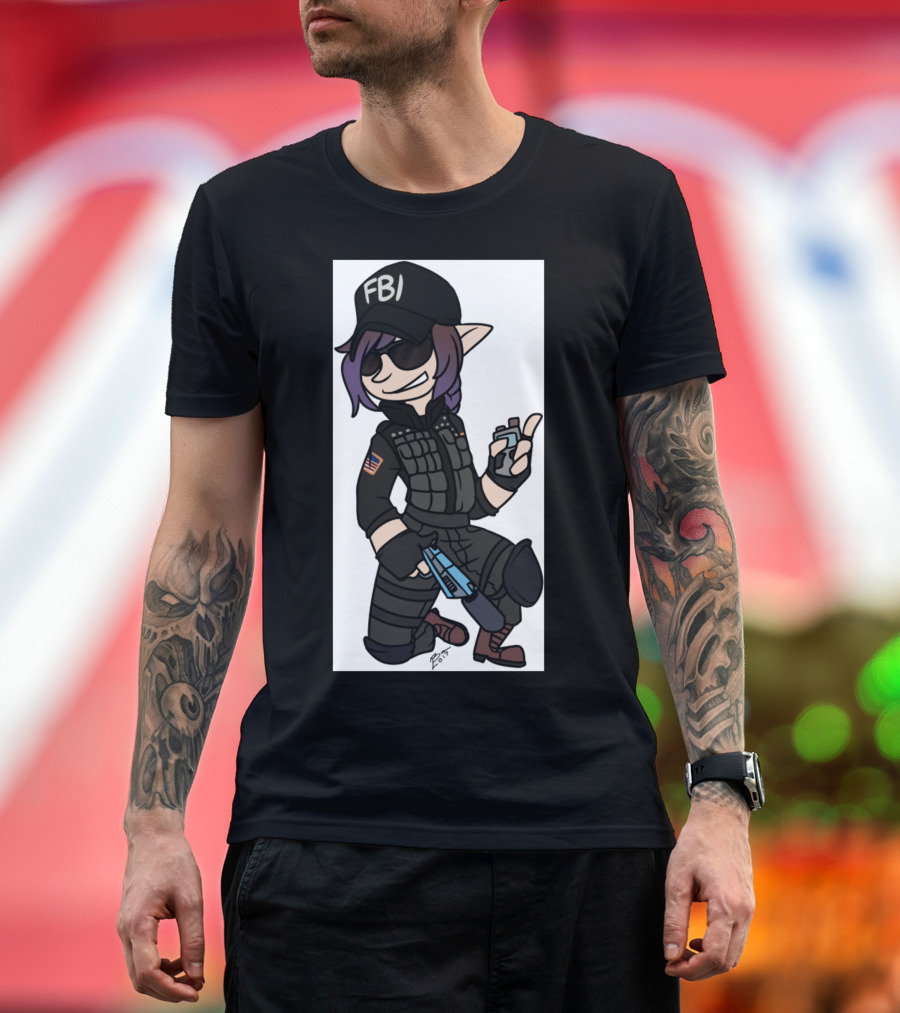 AriAsh FBI Agent Cartoon Character with Coffee and Gun T-Shirt