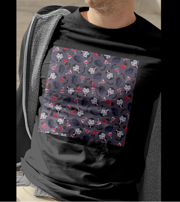 Fancy Vampire Pattern With Coffins, Bats, And Wine Glasses T-Shirt