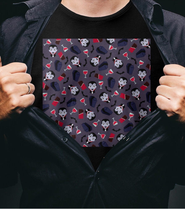 Fancy Vampire Pattern With Coffins, Bats, And Wine Glasses T-Shirt