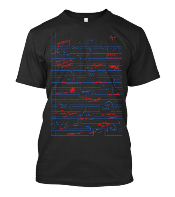 Notebook Cat Doodles A+ Homework Whiskers Sleepy Fish Purr T-Shirt