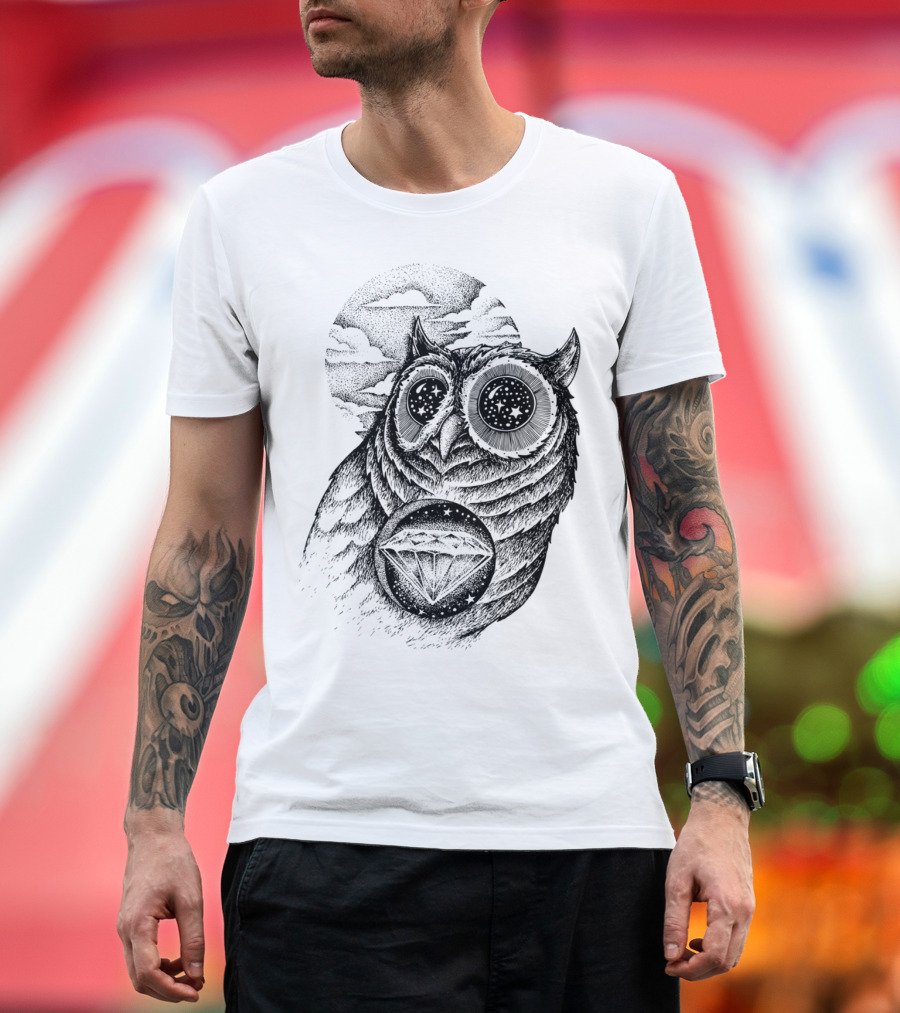 GALAXY EYES OWL WITH DIAMOND SYMBOL AND STAR-FILLED MOON BACKGROUND T-Shirt