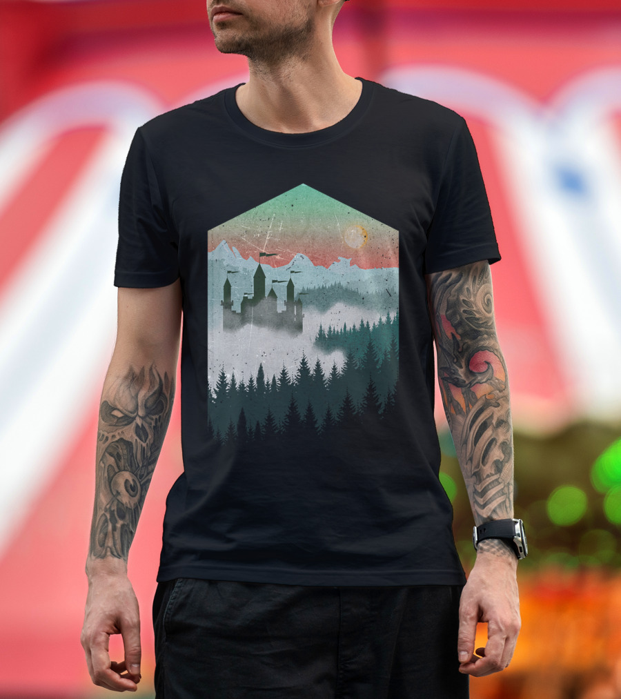 Faraway Land Mountain Castle Misty Forest Sunset T-Shirt
