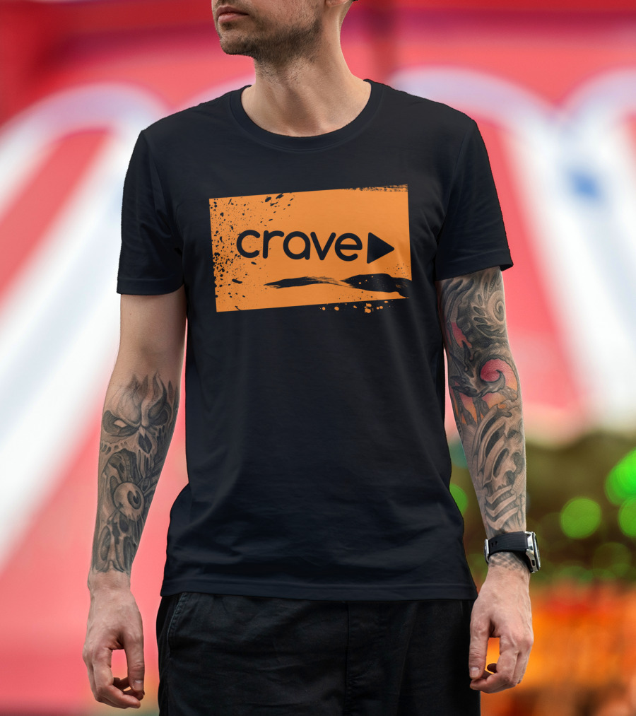 Crave Logo with Play Symbol on Orange Abstract Background T-Shirt