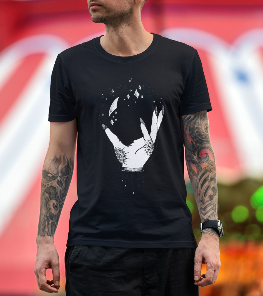 Crystal Ball Mystic Hand with Moon and Star Symbols T-Shirt