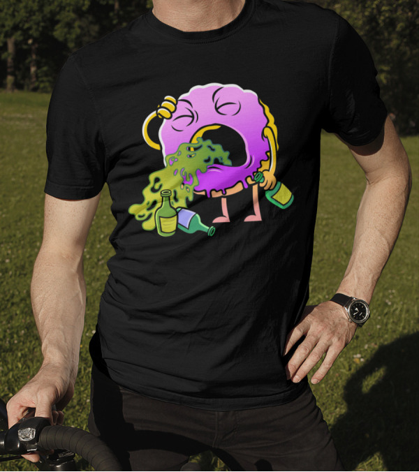 Donut Drinking Booze Vomit Cartoon T-Shirt