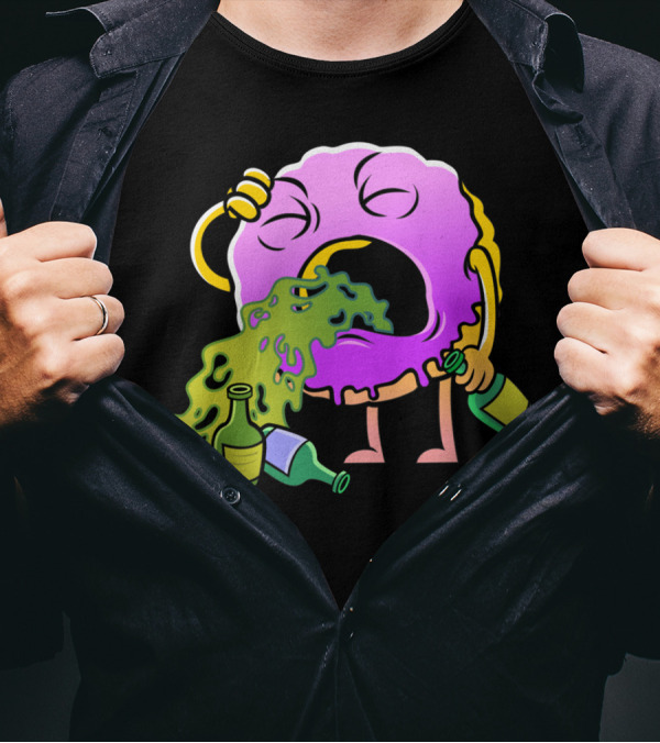 Donut Drinking Booze Vomit Cartoon T-Shirt