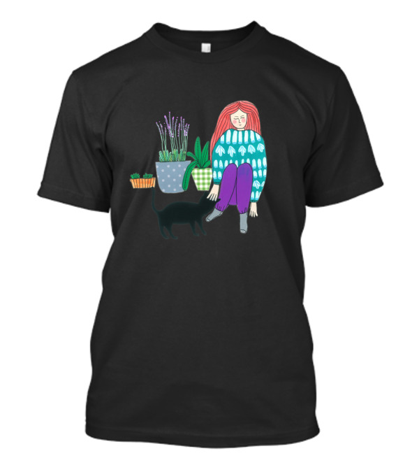 Gardening Companion With Black Cat And Houseplants T-Shirt