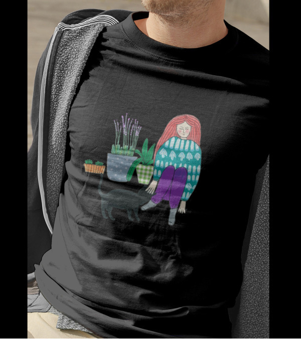 Gardening Companion With Black Cat And Houseplants T-Shirt