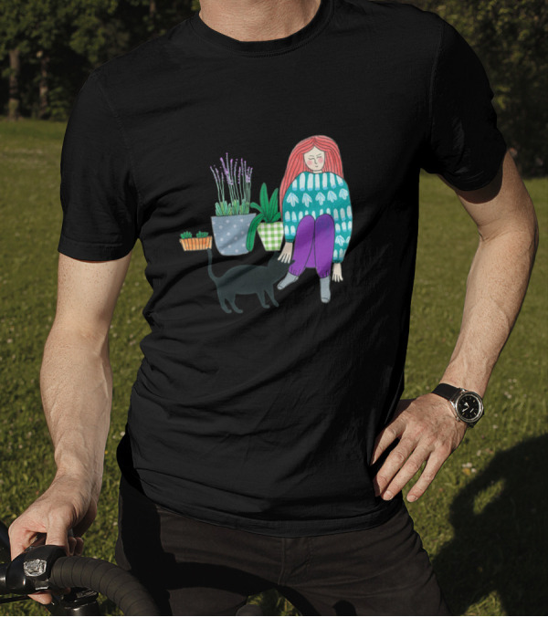 Gardening Companion With Black Cat And Houseplants T-Shirt