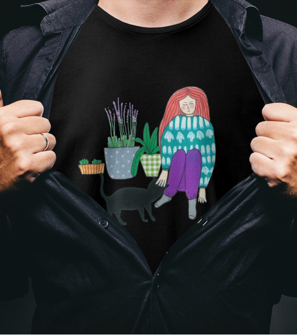 Gardening Companion With Black Cat And Houseplants T-Shirt