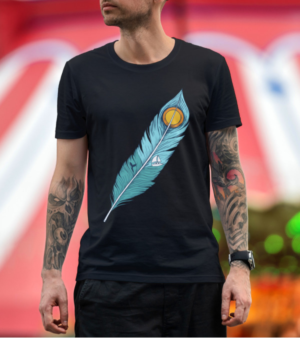 Premium T-Shirt: Feather Landscape Sunset Sailboat Ocean Scene T-Shirt Feather Landscape Sunset Sailboat Ocean Scene T-Shirt