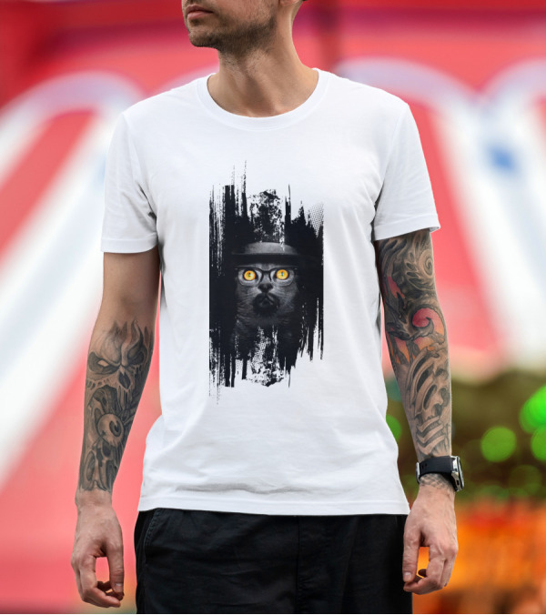 Premium T-Shirt: Braking Cat Sticker Hat Glasses Yellow Eyes T-Shirt Braking Cat Sticker Hat Glasses Yellow Eyes T-Shirt