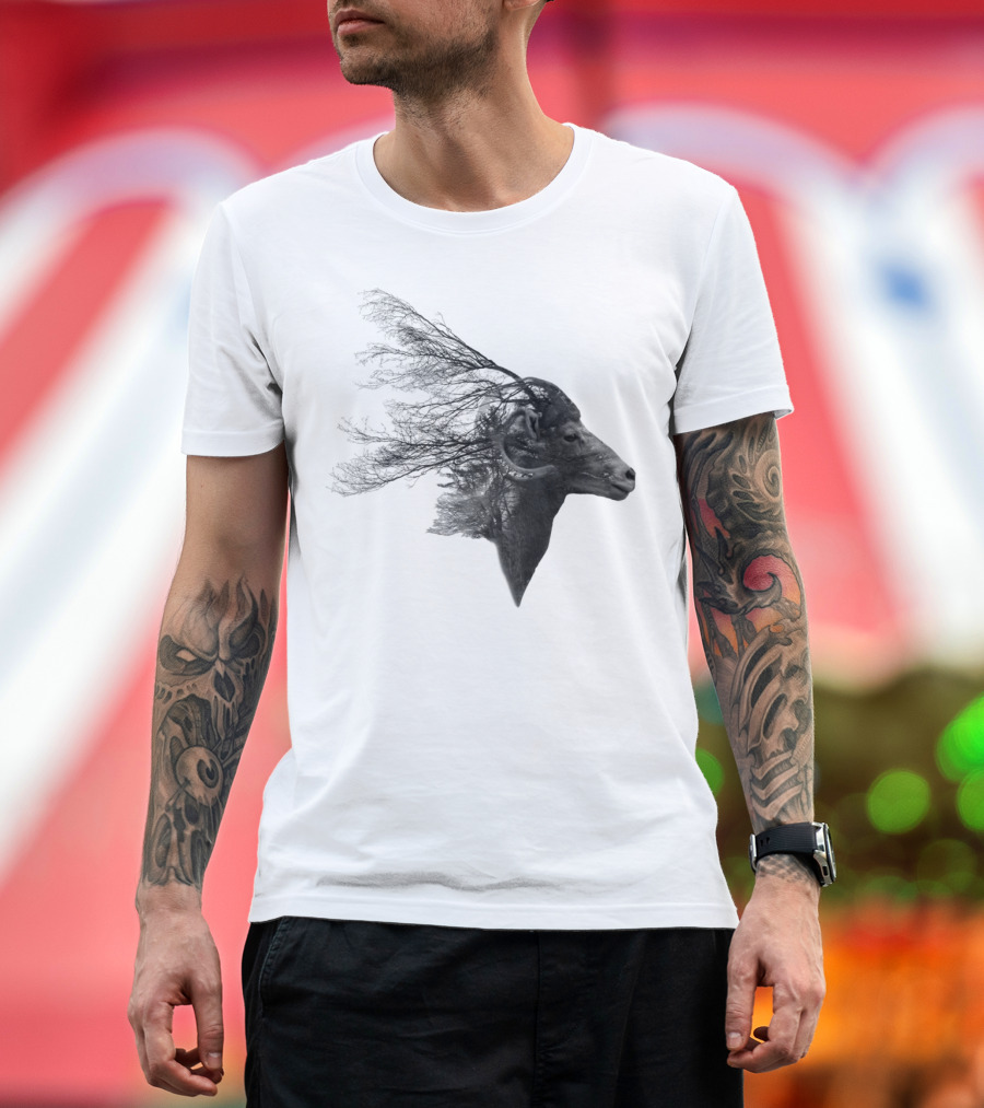 Double Exposed Mountain Goat Branches Fusion T-Shirt
