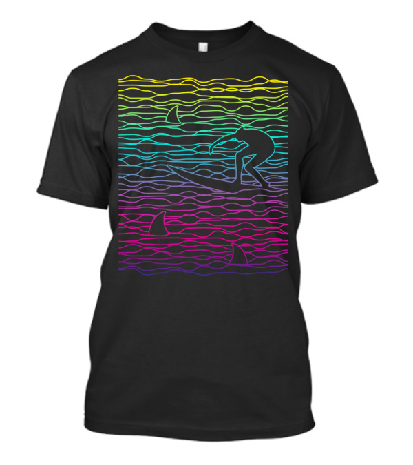 BRAVE SURFER SHARK WAVES SILHOUETTE VIBRANT LINES T-Shirt