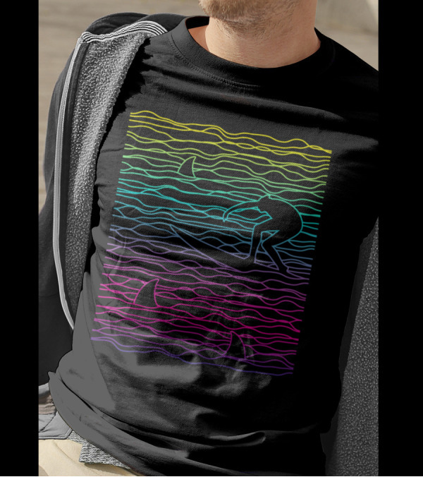 BRAVE SURFER SHARK WAVES SILHOUETTE VIBRANT LINES T-Shirt