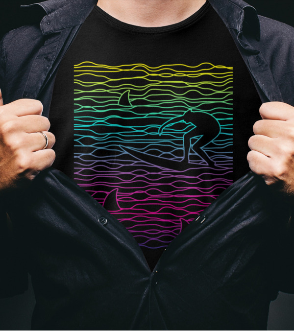BRAVE SURFER SHARK WAVES SILHOUETTE VIBRANT LINES T-Shirt
