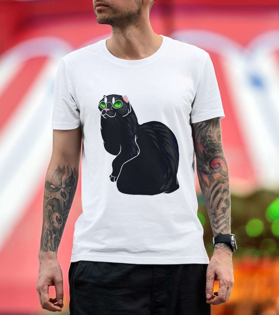 Cat No Ears Green Eyes Black Outline T-Shirt
