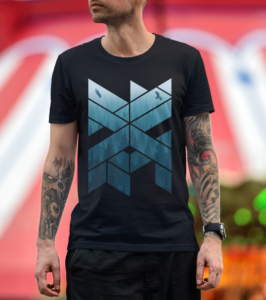 Geometric Misty Pine Forest Eagles Triangular Landscape T-Shirt