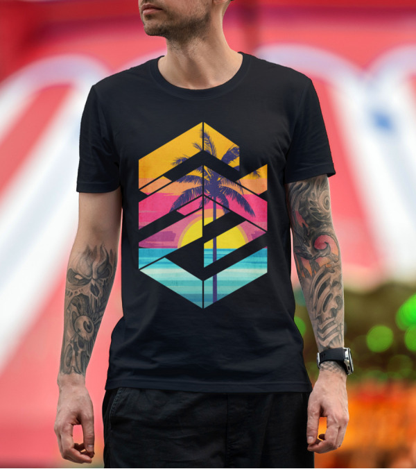 Premium T-Shirt: Geometric Palm Sunset Through Stripes T-Shirt Geometric Palm Sunset Through Stripes T-Shirt