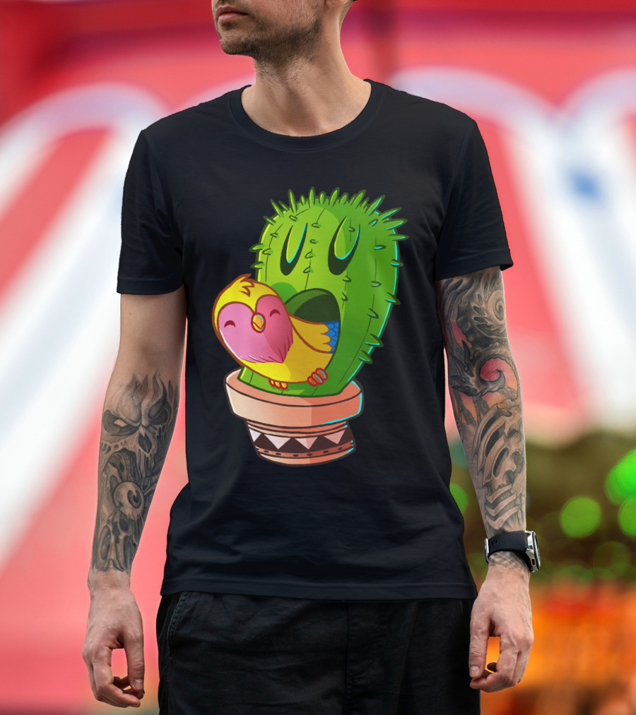 Cactus Bird Happy Vibrant Friendship Green Cactus Pink Bird T-Shirt