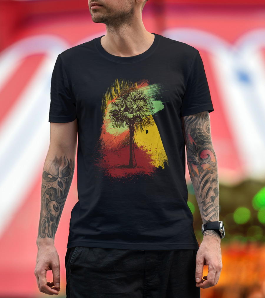 Grunge Palm Tree Against Vibrant Paint Brush Strokes T-Shirt