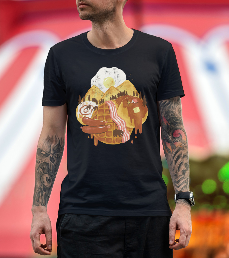 Waffle Pancake Mountains with Bacon Sunrise and Forest Scene T-Shirt