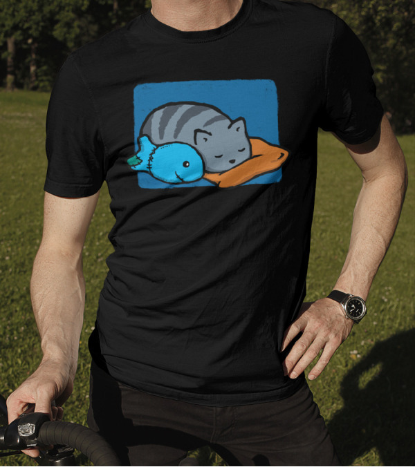 Sleeping With The Fishes Cat Pillow Blue Fish T-Shirt
