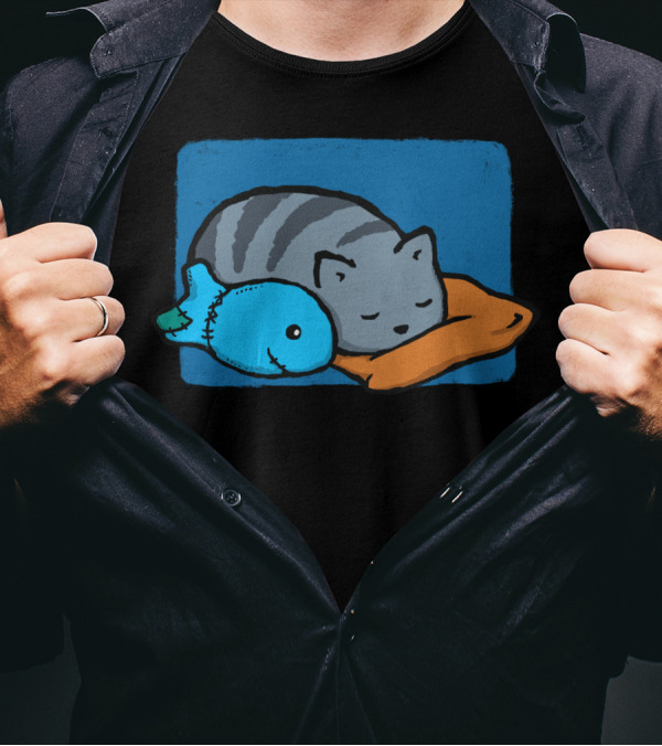 Sleeping With The Fishes Cat Pillow Blue Fish T-Shirt