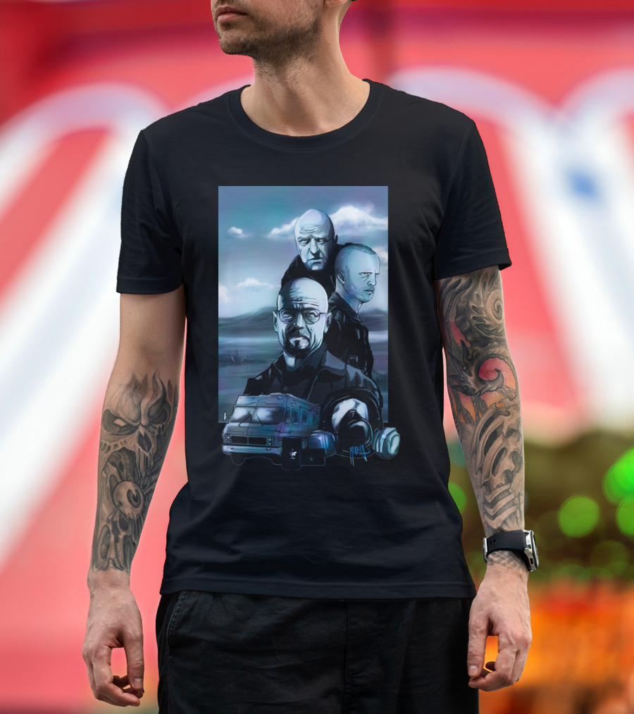 Breaking Bad Tribute Walter White Mike Ehrmantraut Jesse Pinkman RV Meth Lab Cloudy Sky T-Shirt