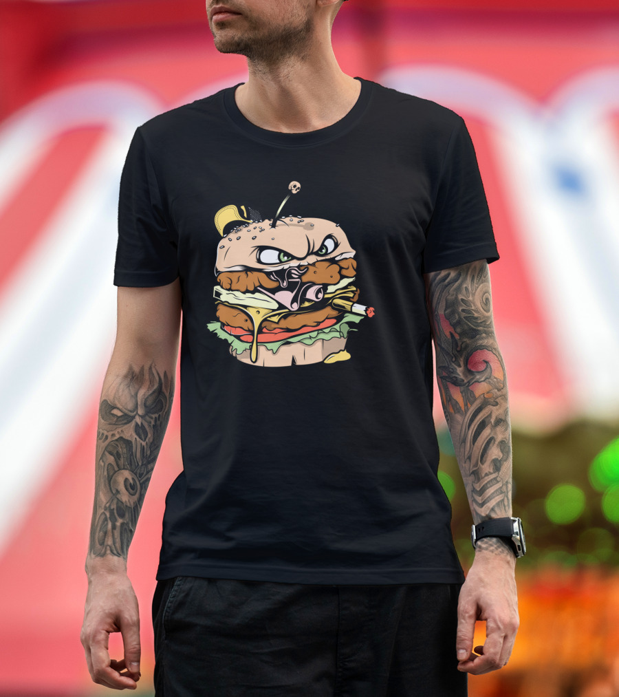 Mean Burger with Angry Face and Hat Smoking a Cigarette T-Shirt