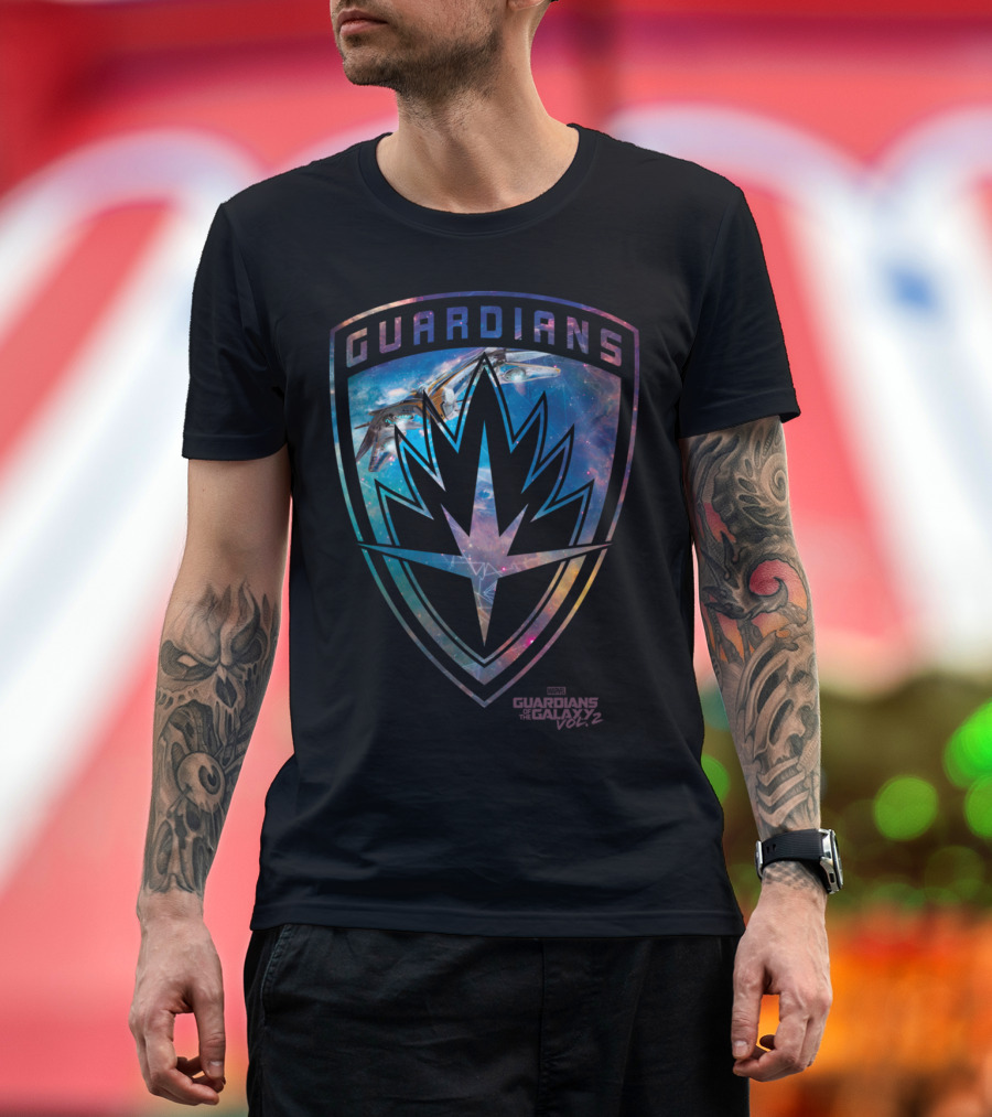 Guardians Galaxy Vol 2 Multicolor Emblem with Spaceship Scene T-Shirt