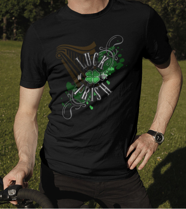 Luck Of The Irish Clover With Celtic Swirls And Harp Shadow T-Shirt