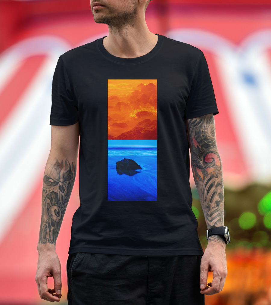 California Contrasts Fiery Mountains and Tranquil Ocean Blue T-Shirt