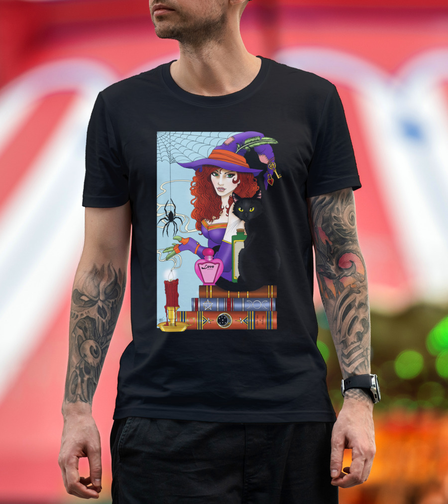 Cat Book And Candle Witch's Potion Spider Web T-Shirt