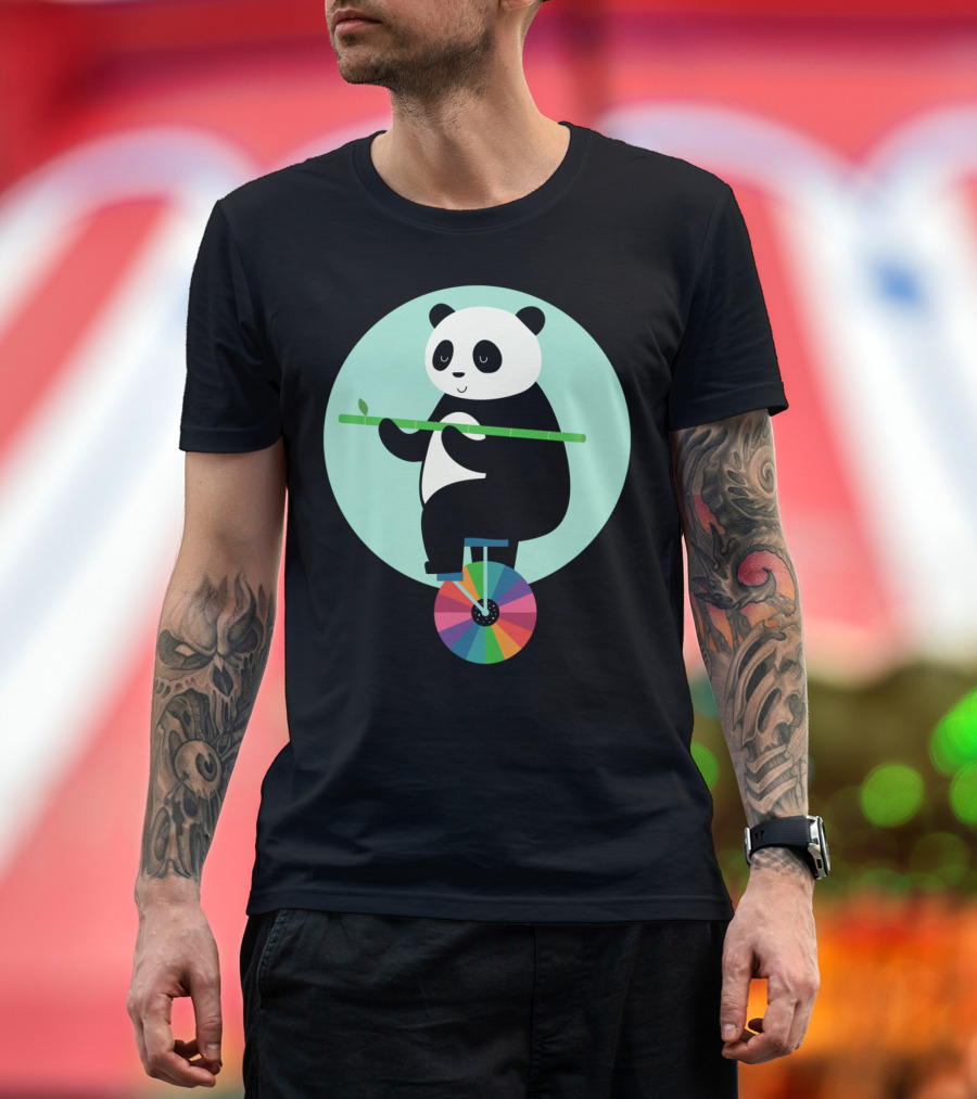 Panda Balancing on Colorful Wheel with Bamboo Learn To Balance Your Life T-Shirt