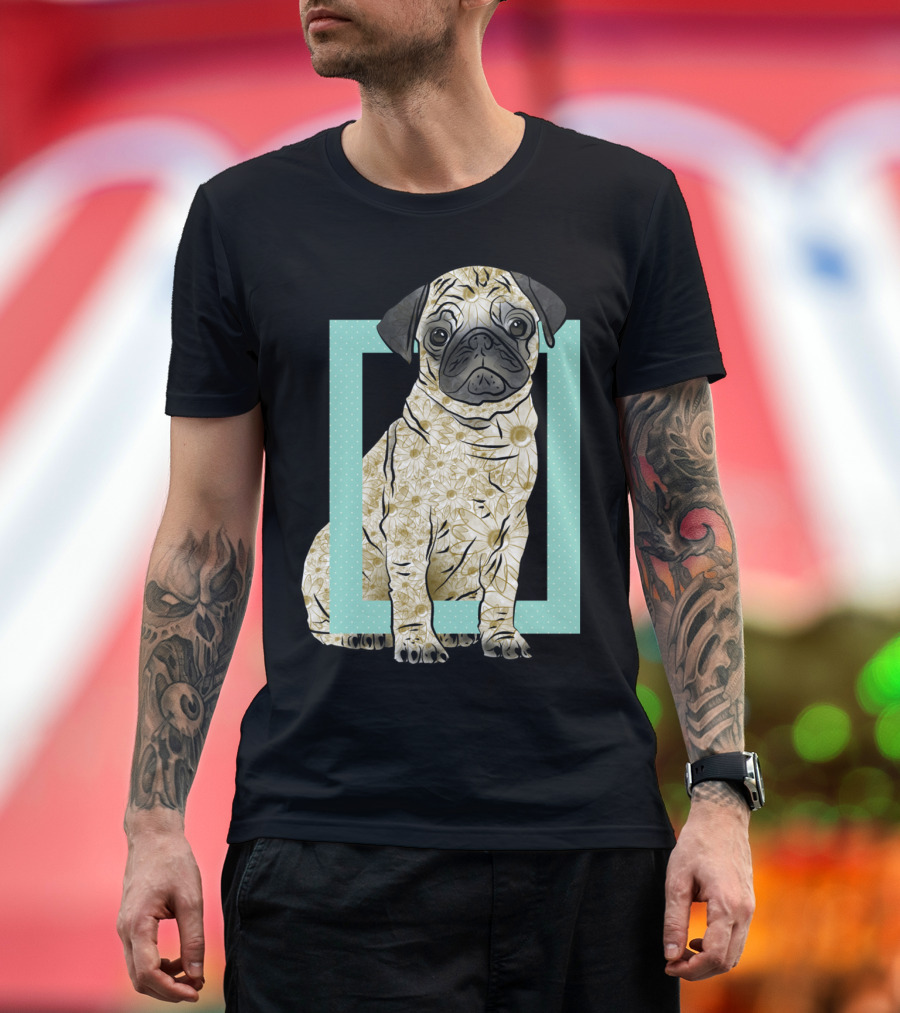 Pug Flower Pattern in Geometric Frame T-Shirt