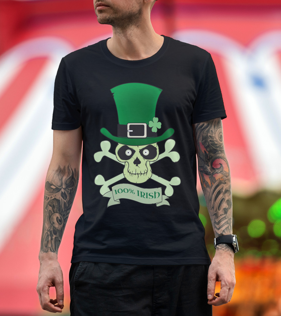 100% Irish Skull with Green Hat and Crossbones T-Shirt