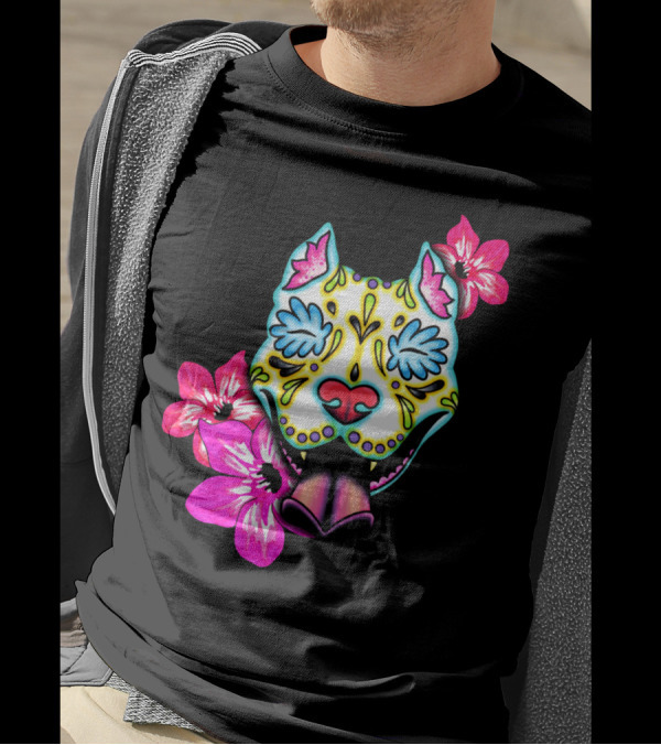 Slobbering Day Of The Dead Pit Bull With Flowers T-Shirt