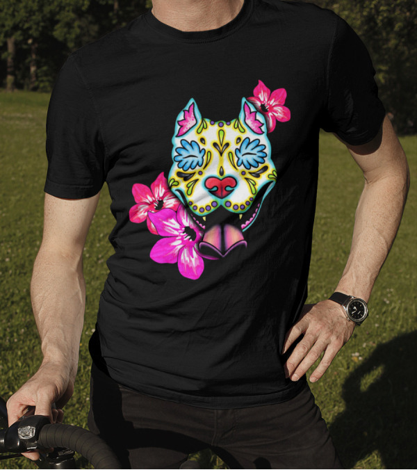 Slobbering Day Of The Dead Pit Bull With Flowers T-Shirt