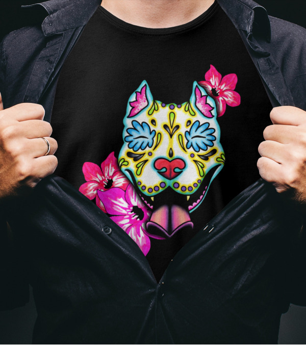 Slobbering Day Of The Dead Pit Bull With Flowers T-Shirt