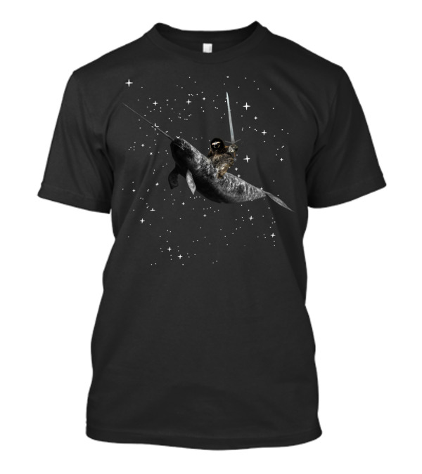 Sloth Wielding Sword Astride Narwhal Among Stars In Cosmic Journey T-Shirt
